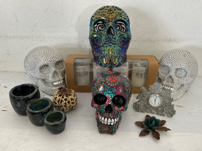 Home Decor Including: Decorative Skulls, Ceramics, Small Clock And More