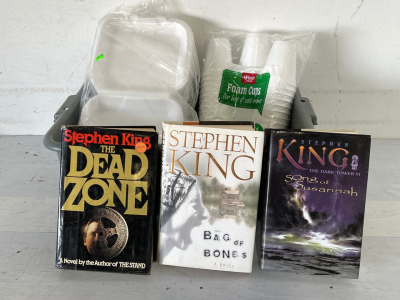 Foam Cups and Boxes, Grey Tote, And (3) Stephen King Books