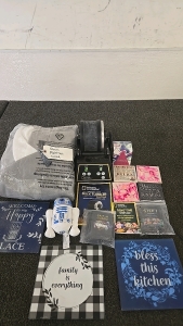 (1) National Geographic Rock Tumbler (1) Queen Size Mattress Cover (1) Bottle of fantasy by Britney Spears (4) Coasters (3) Hot Plates (1) Stuffed R2D2