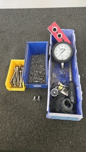 (1) Smaller Bin of Large and Long Screws (1) Medium Size Bin of Smaller Screws and Nuts (1) Large Bin with a Pressure Gauge and a Classic Vacuum Pump in it