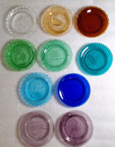 (10) 3-1/2" VINTAGE GLASS CUP PLATES, ASSORTED COLORS