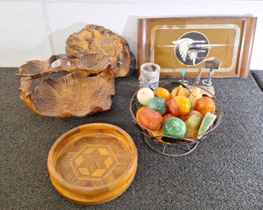 (2) WOODEN BOWLS, (1) METAL BOWL OF CARVED STONE FRUIT & MORE