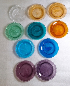 (10) 3-1/2" VINTAGE GLASS CUP PLATES, ASSORTED COLORS