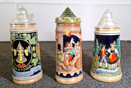 (3) 9" BEER STEINS, ALL MAKRKED GERTZ