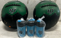 (2) 10LB Medicin Balls, And (3) Shake Cups