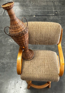 Comfortable Tan Chair, And Wicker Vase