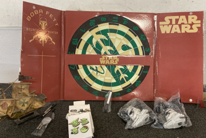 Star Wars Boba Fet Dart Board, Vintage Model Ship, Pack Of 4 Mandalorian Pins, McDonalds Star Wars Toys. Please Inspect/