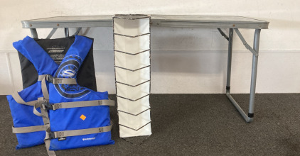 Vintage Folding Table, Life Vest (Size Adult Universal), Metal Organizer. Please Inspect.