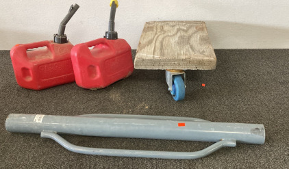 Spring Post Pounder, 3 Wheeled Hardwood Dolly, (2) 1.4 Gallon Gas Cans. Please Inspect.