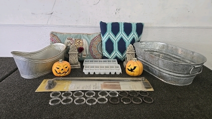 (2) Throw Pillows (2) Buckets (2) Ice Trays (1) Curtain Rod (2) Decorative Plastic Pumpkins (18) Curtain Rings