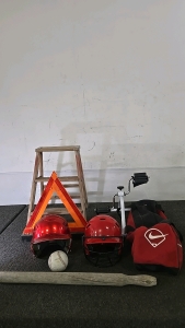 (1) Nike Baseball Bag (2) Baseball Helmets (1) Softball (1) Homemade Wooden Bat (1) Wooden Step Ladder (1) Under Desk Pedaling Machine (1) Emergency Triangle