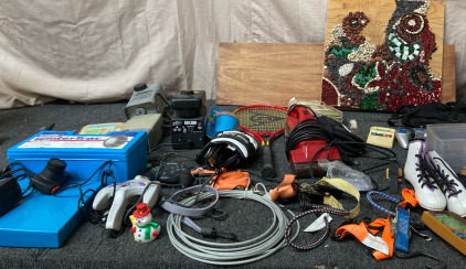 Winter Tires, Fog Machine, Seaglass Art, Old School Game Controllers, Tennis Racket, Baseball Glove, Vacuum, & Other Small Itsms