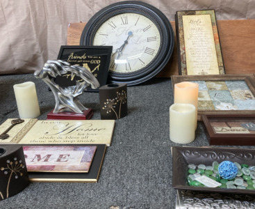 Signs, Placemats, Clock, Decorative Candles & Statue