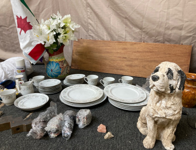 China Plates And Cups, Vases, Dog Statue, Hats, & Lamp Extensiond