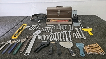 Crescent Wrenches, Scrapers, Drill Bits, a Level, and More all in an Atkinson Tool Box