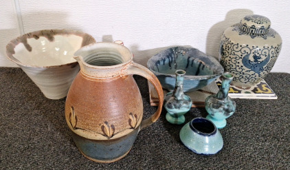 (1) 9" STONEWARE PITCHER, (1) STONEWARE DECORATIVE BOWL & MORE