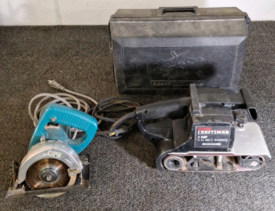 (1) MAKITA 110MM CIRCULAR SAW & (1) BLACK & DECKER 3" BELT SANDER W/CASE