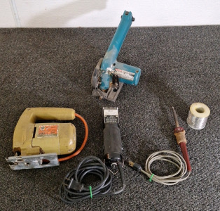 (1) BLACK & DECKER JIG SAW, (1) OSTER ELECTRIC CLIPPER, (1) SOLDERING IRON & (1) MAKITA 3-3/8" CORDLESS CIRCULAR SAW