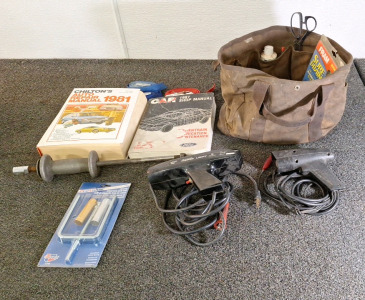 (2) AUTOMOTIVE REPAIR MANUALS, (2) TIMING LIGHTS, (1) SOFT TOOL BAG & MORE