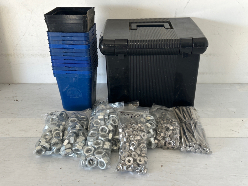 Stack Of Plastic Planters, Storage Box and Hardware With Quantities