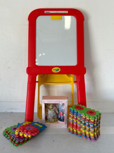 Vintage Collectible Bear, Foam Learning Puzzle Pieces, And Whiteboard/ Chalkboard Stand