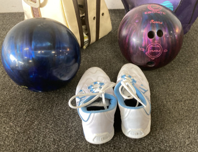 (2) Different Size Bowling Balls With Bags, Bowling Shoes (Size 8.5. Please Inspect.