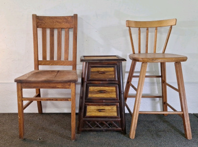 (2) WOODEN CHAIRS & (1) SMALL 3-DRAWER END TABLE