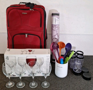 (1) CONCOURSE ROLLING SUITCASE, (1) YOGA MAT, SET OF (4) WINE GOBLETS & ASSORTED COOKING UTENSILS