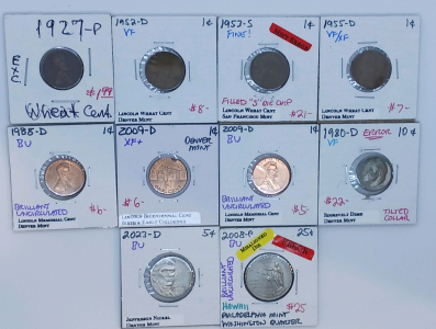 10 collecter coins : (7) pennies 1927p/ 1952d/ 1953s/ 1955d/ 1988d/ 2009d / 2009d/( 1) 1980d dime/(1)2023d nickel (1)2008p quarter Hawaii design.,some coins have errors, some pennies are wheet.