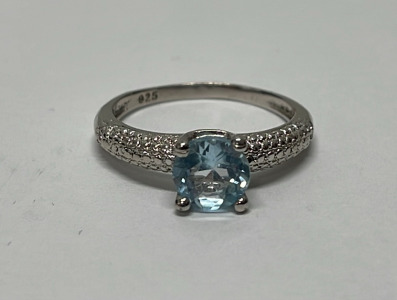 Baby Swiss Blue Topaz Ring W/ Diamond In Sterling Silver