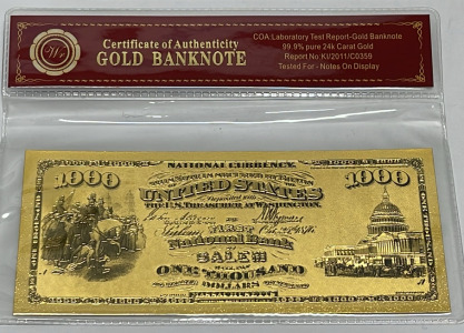 99.9% Pure 24k Carat Gold $1000 Banknote W/ COA