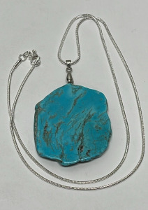 Blue Turquoise Freeform Slice Pendant W/ .925 Silver Necklace