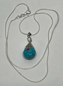 Turquoise Ball Silver Pendant W/ .925 Silver Necklace