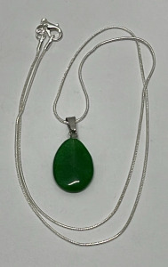 Green Jade Teardrop Gemstone Pendant W/ .925 Silver Necklace