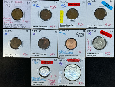 (10) Collectors Coins - (7) 1926-2007 Pennies, (1) 1999 Nickel, (1) 1994 Dime, & (1) 1998 Kennedy Half Dollar