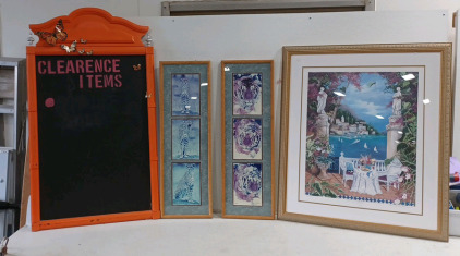 (1) Chalkboard - Orange Wood Frame - 50" × 29" (2) Tiger MultiPrint - Wood Frame (1) "Romantic Belagio" - Metal Gold Deco Frame