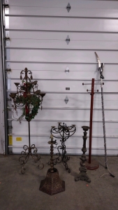 (3) Vintage Standing Candle Holders, (1) Vintage Iron Lamp, 67" Standing Wooden Coat/ Hat Rack & (1) Tree Branch Cutter