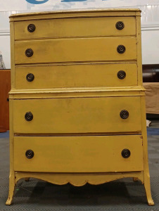 (1) Vintage/Antqiue 5-Drawer Dresser - Antique Yellow - 38 3/8" W × 19.5" L × 51" H