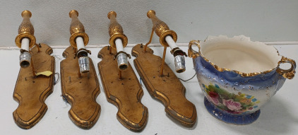 (1) Large Porcelain Bowl (4) Gold Wall Sconces