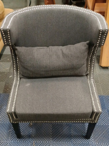 (1) High Back Wing Chair w/ Lumbar Support Pillow - Grey & Silver Rivets