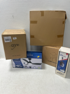 (1) 42&rdquo; Ceiling fan (1) Farmhouse light (1) Surge protector (1) Wall Clock (1) Shelf