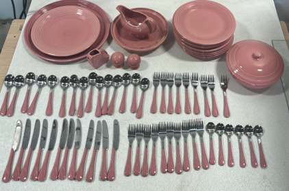 Set Of Pink Rose salad Dessert Plates,Forks,Spoons & More