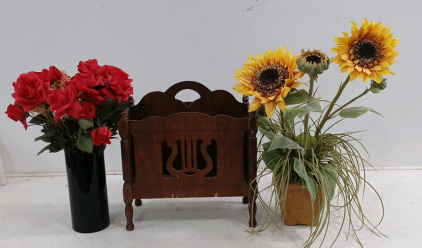 (1) Vase w/ 23 Roses (1) Vase w/ Sunflowers (1) Wood Magazine Rack