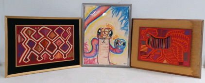 (2) Vintage Handcrafted - Stitched & Framed Fabric Art (1) King Cobra Painting - Framed