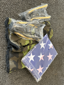 Pair of Camouflage Shooters Mittens, High Velocity Slingshots, And 3'x 5' US Flag