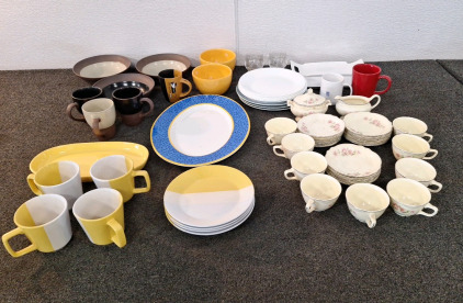 (19) ASSORTED PIECES OF STONEWARE, (28) ASSORTED PIECES OF CHINA & MORE