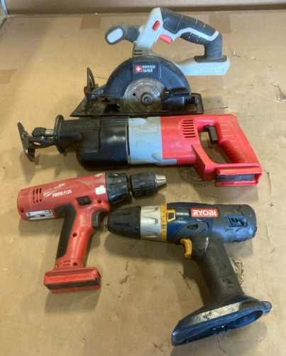 Porter Cable PCC661 Lithium Battery Circular Saw, Milwaukee 18V SawZall, Milwaukee Power Plus Drill, & Ryobi Drill