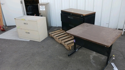 Vintage Stainless Ice Box, Small Table and (2) Large File Cabinets