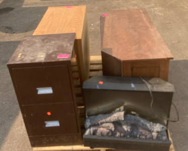 (1) Electric Fire Place (1) Small Wooden Entertainment Center 39”x20”x23”(1) Two Tier Metal Filing Cabinet 14”x15”x29” & More