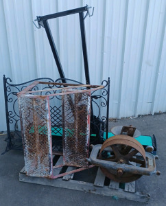 (1) Antique Industrial Meat Grinder (1) Snowplow Shovel Attachment (1) Fireplace Cover (1) 2-Step Staircase